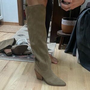 Blondo Over-the-Knee Pointed Suede Boots in Taupe